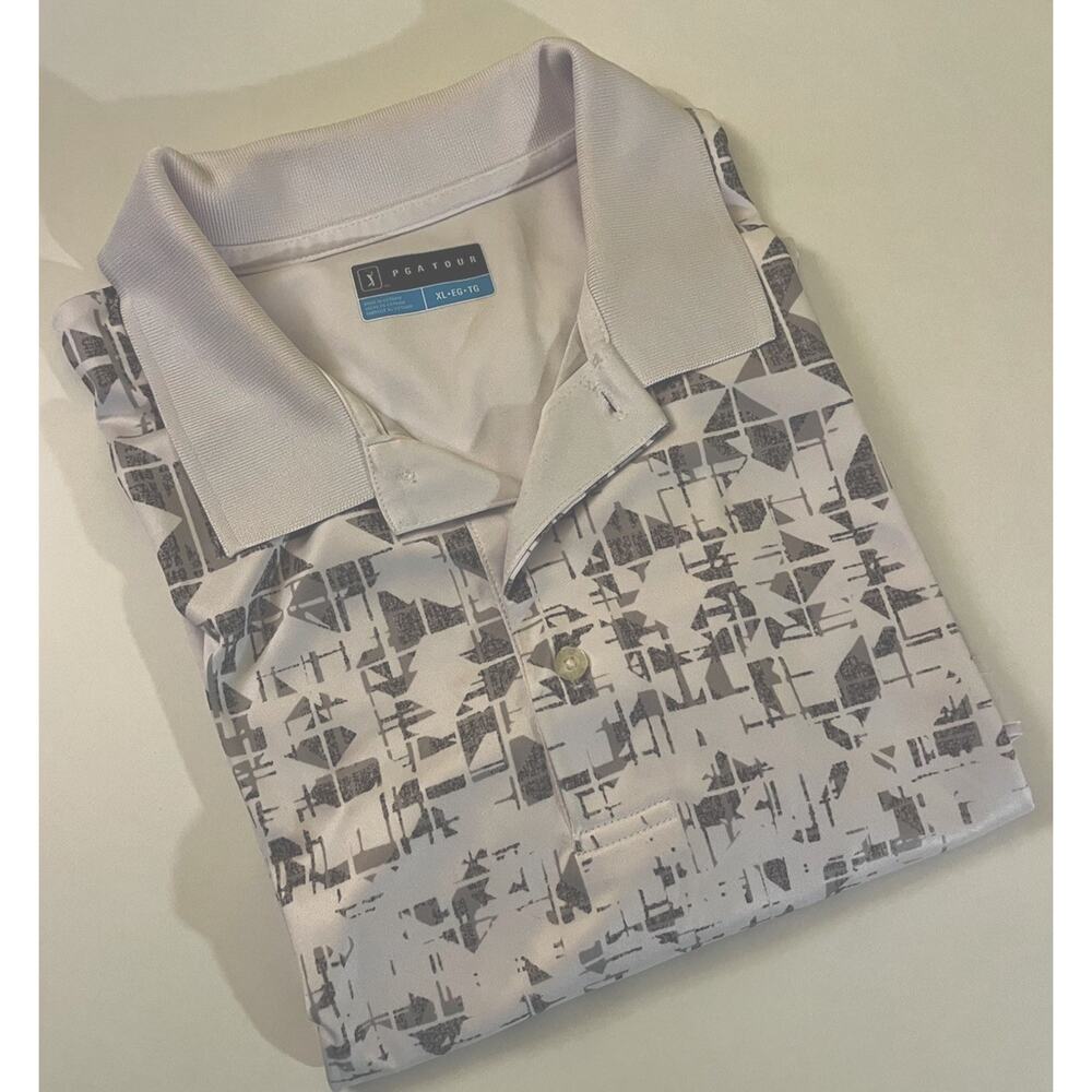 PGA TOUR Pro Series White Gray Geometric Pattern Athletic Fit XL Polo Golf Shirt